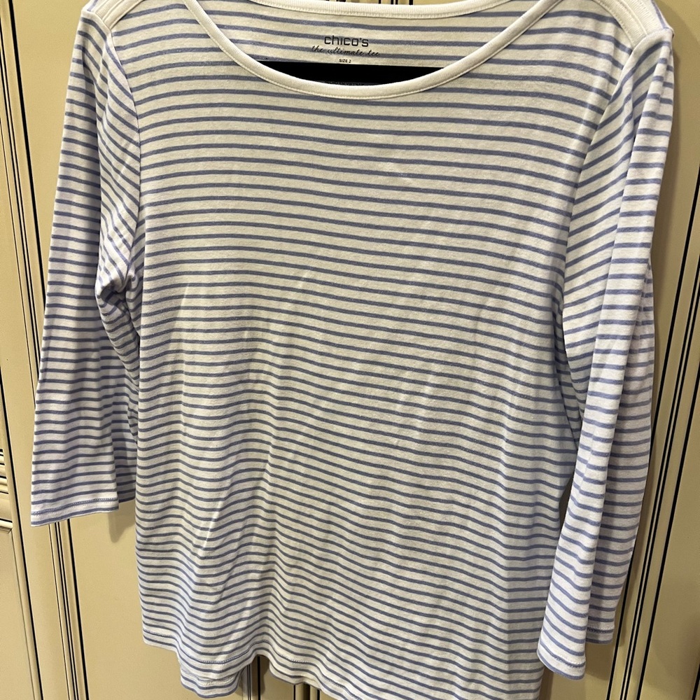 Chico's White and Blue Striped Long Sleeve Top